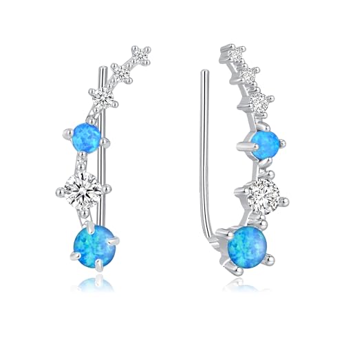 CiNily Star Opal Ear Cuffs Climber Earrings, 14K Gold CZ Ear Crawler Earrings for Women Small Cartilage Stud Earrings Fashion Hypoallergenic Jewelry Christmas Day Gifts, White Gold, Rose Gold - color: Silver-Blue Opal, size: Round Opal