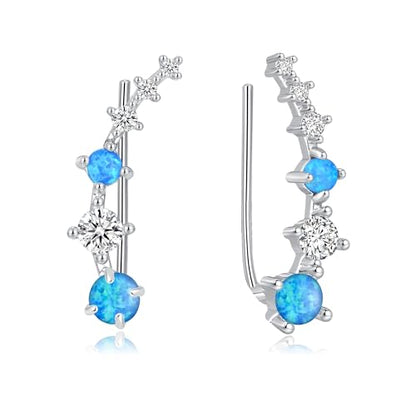 CiNily Star Opal Ear Cuffs Climber Earrings, 14K Gold CZ Ear Crawler Earrings for Women Small Cartilage Stud Earrings Fashion Hypoallergenic Jewelry Christmas Day Gifts, White Gold, Rose Gold - color: Silver-Blue Opal, size: Round Opal