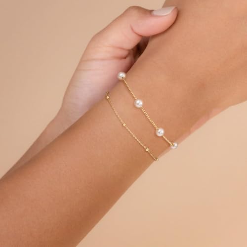 NECOCY 14K Gold Plated Pearl Bracelets for Women, Dainty Bracelets Stack Trendy Pearls Beaded Link Chain Charm Bracelets Set Layered Tiny Wedding Prom Jewelry Gift for Women Mother's Day Graduation - style: Style-1