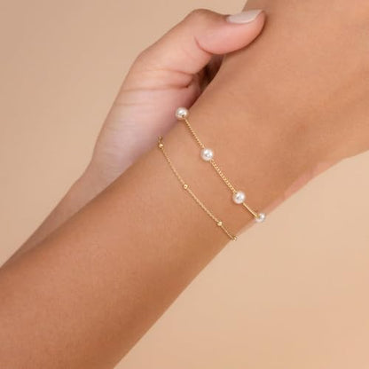 NECOCY 14K Gold Plated Pearl Bracelets for Women, Dainty Bracelets Stack Trendy Pearls Beaded Link Chain Charm Bracelets Set Layered Tiny Wedding Prom Jewelry Gift for Women Mother's Day Graduation - style: Style-1