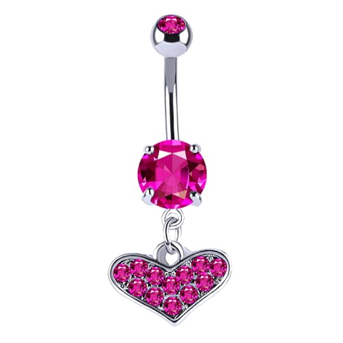 Rhinestone Heart Dangle Belly Button Ring for Women Stainless Steel Sparkle Crystal Love Heart Navel Curved Barbell Rings Piercing Body Jewelry - color: Pink