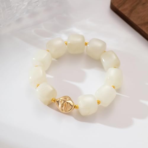 Bead Bracelet for Women Vibrant Color Resin Beads Bracelets Elastic Stretch Chunky Bracelet Boho Summer Beach Vacation Jewelry - color: Creamy White