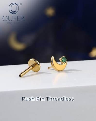 OUFER 18G Moon Cartilage Piercling Jewelry-G23 Titanium Flat Back Push Pin Gold Helix Earrings, Shiny Emerald CZ Tragus Lobe Rook Helix Piercing Jewelry - style: Gold-Emerald