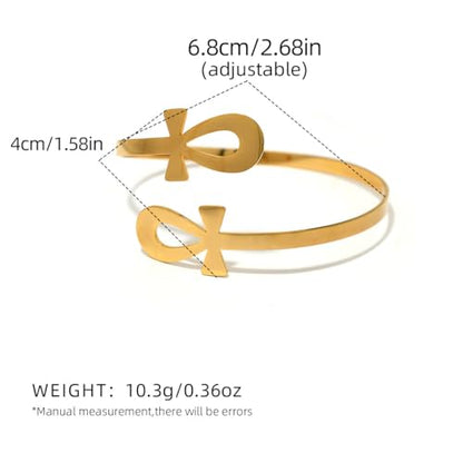 Gold Statement Cuff Bracelet Ankh Cross - Waterproof Stainless Steel Open Bangle Hypoallergenic Egyptian Key of Life Jewelry, Adjustable Protection Amulet for Women Men - color: Gold Statement Double Ankh