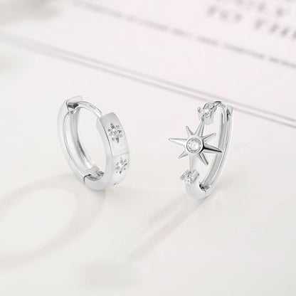 DAILY VIBES Dainty Small Star Huggie Hoop Earrings for Women Trendy | 925 Sterling Silver Post, 14K Gold or Silver Plated, Mini Cubic Zirconia, Cartilage Hoop Earrings - color: Silver Asymmetric Star