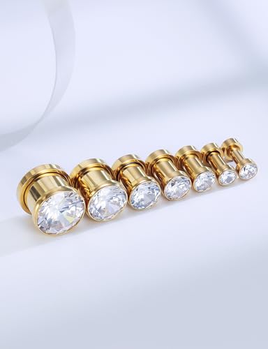 Astm F136 Titanium CZ Ear Gauges Screw Fit Flesh Tunnels Plugs Gauges Earring Expander Stretcher Ear Tunnels For Ears 10G 8G 6G 4G 2G 0G 00G Plug Earrings Body Piercing Jewelry For Women Men - color: 10G Gauges, Gold