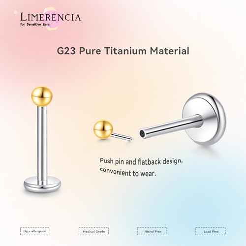 limerencia Titanium Threadless Flat Back Earrings Stud Piercing Jewelry | 20G Press Fit Titanium Push Pop in Cartilage Tragus Labret Lip Medusa Conch Piercing Jewelry Hypoallergenic for Women Men - style: 2MM Ball Gold