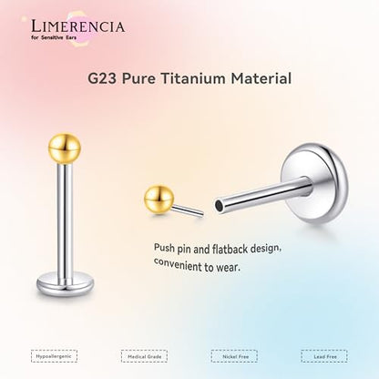 limerencia Titanium Threadless Flat Back Earrings Stud Piercing Jewelry | 20G Press Fit Titanium Push Pop in Cartilage Tragus Labret Lip Medusa Conch Piercing Jewelry Hypoallergenic for Women Men - style: 2MM Ball Gold
