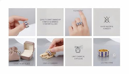 Sparkling Rhinestone Ring Set Trendy Elastic Rhinestone Crystal Stretch Ring Stackable Jewelry for Women Girls - color: 3 Rows Ring-Golden+White+Blue