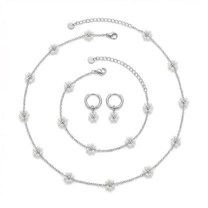 Daisy Pearl Jewelry Set for Women, 14K Gold Plated Stainless Steel Necklace Bracelet Earring 3 Piece Set, Dainty Pearl Choker Flower Necklace Birthday Gift for Her - color: Silver Pearl White