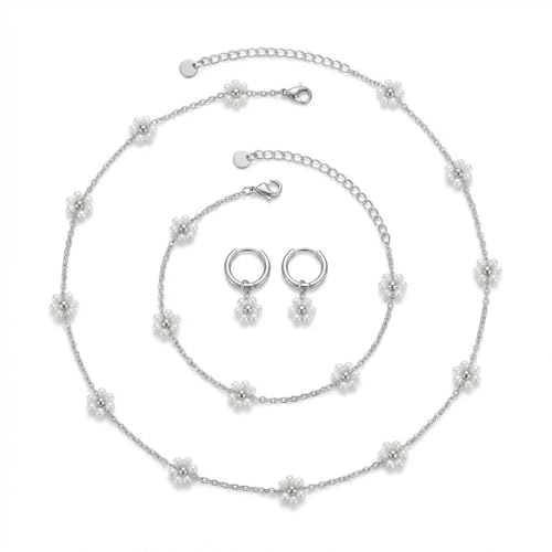 Daisy Pearl Jewelry Set for Women, 14K Gold Plated Stainless Steel Necklace Bracelet Earring 3 Piece Set, Dainty Pearl Choker Flower Necklace Birthday Gift for Her - color: Silver Pearl White
