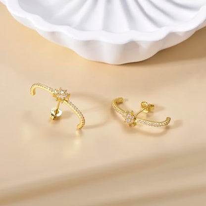 CZ Suspender Cuff Stud Earrings Wrap Earlobe Silver Post Cubic Zirconia Minimalist Jewelry for Women - color: Gold Star CZ