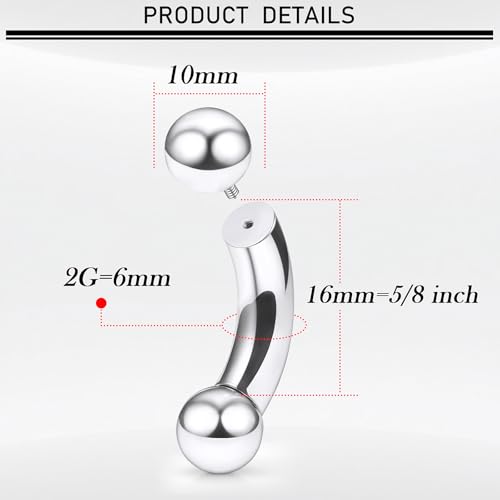 18G-00G Eyebrow Rings Internally Threaded Snake Eyes Piercing Jewelry Tongue Surgical Steel Curved Barbell Vertical Lip Labret Rook Daith Earrings Piercing Jewelry for Women Men 6mm-19mm - color: silver, size: 2G(6mm)-16mm barbells-10mm Balls