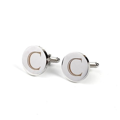 Mens Initial Silver Cufflinks A-Z Alphabet Letter Steel Cuff Links with Engraved Walnut Wood Box Groom Groomsman Wedding Set… - style: C