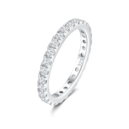 DAYBYDAY Sapphire/Emerald/Ruby Full Eternity Band Rings for Women, 2.4mm Thin Birthstone Stackable Rings, 925 Sterling Silver/14K Gold Plated Gemstone Wedding Band Anniversary Ring Size 6 to 10 - color: 04. White Cz, April