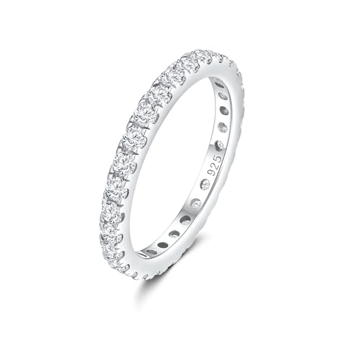 DAYBYDAY Sapphire/Emerald/Ruby Full Eternity Band Rings for Women, 2.4mm Thin Birthstone Stackable Rings, 925 Sterling Silver/14K Gold Plated Gemstone Wedding Band Anniversary Ring Size 6 to 10 - color: 04. White Cz, April