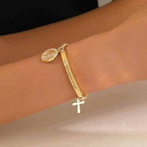 DS Inspirational Bracelet for Women Christian Engraved Bibler Verse Cross Butterfly Daisies Charm Bracelet, Exquisite Stainless Steel Jewelry Daughter Best Friend Bestie - style: God is our refuge and strength-Gold