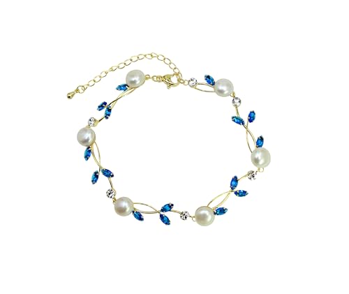 Faship Genuine Freshwater Pearls Floral Necklace Earrings Set | Premium CZ Crystal, Gorgeous, Sparkling - color: Blue / Gold Plated / Matching Bracelet