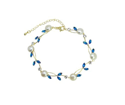 Faship Genuine Freshwater Pearls Floral Necklace Earrings Set | Premium CZ Crystal, Gorgeous, Sparkling - color: Blue / Gold Plated / Matching Bracelet