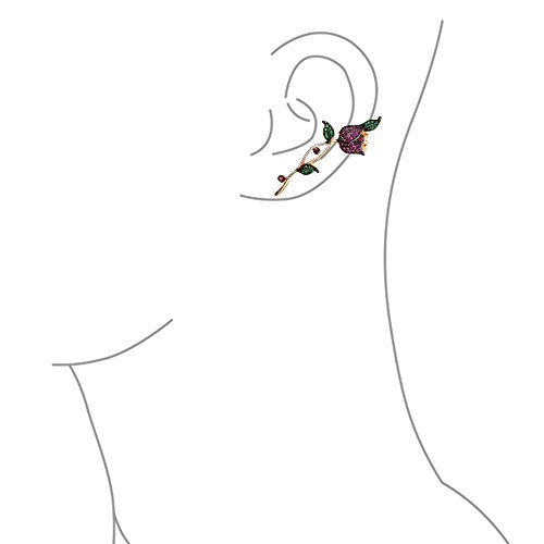 3D Wire Reddish Pink Cubic Zirconia Micro Pave Flower Red Rose Flower Helix Ear Pin Climber Crawler Cartilage Lobe Earrings For Women Teen Rose Gold Plated Brass