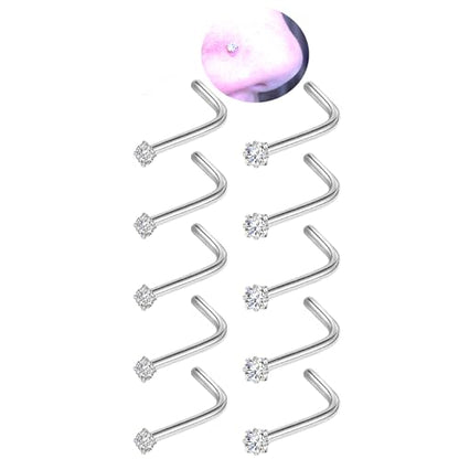 20G Nose Rings Studs for Women Corkscrew Sliver Nose Studs Hypoallergenic Nose Rings 316L Stainless Steel Nose Nostril Percing Jewely for Women Men Round Square CZ Imitation Diamond 1.5mm/2.0mm/2.5mm/3.0mm - style: 20G-L-shape-sliver-1.5mm