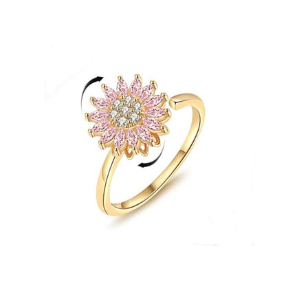 Sunflower Fidget Ring for Women Gold Anxiety Crystal Rings Cubic Zirconia Sunflower Open Adjustable Fidget Ring Spinner Sun Ring for Men Trendy Jewelry - color: fense