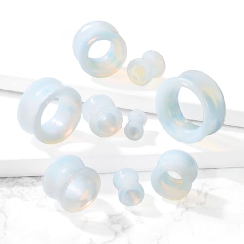 Hollow Tunnels Opalite Organic Stone Ear Plugs Gauges Sold in Pairs - style: 19MM-3/4 INCH