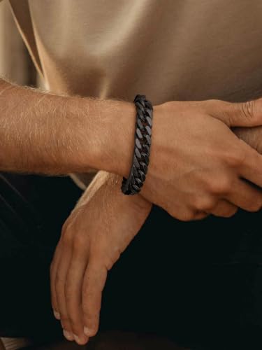 FaithHeart Mens Stainless Steel Cuban Link Bracelet, Tarnish Resistant | 6/8/12/17mm Silver/Black/Gold Sturdy Hip Hop Wrist Chain Bracelets Daily Wear with Gift Box, 7.5"/8.3"/9.1" Length - color: Black-12mm Width, size: Length 8.3 Inches