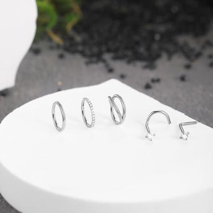 Xpircn 5pcs Hoop Nose Rings and L Shaped Nose Rings Stud Set 18G/20G Stainless Steel CZ Helix Conch Daith Tragus Cartilage Hoop Earrings for Women 6mm 7mm 8mm 10mm - color: Silver, size: 20G, 6mm hoop & 7mm studs