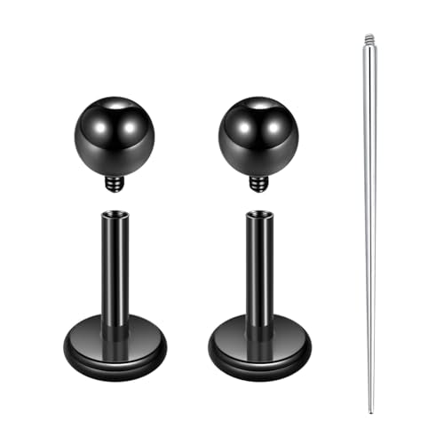 Xpircn ASTM F136 Titanium Flat Back Stud Earrings Internally Threaded Labret Monroe Lip Nose Studs Tragus Helix Conch Cartilage Piercing Jewelry for Women - color: 18G 6MM Bar,3MM Ball,Black