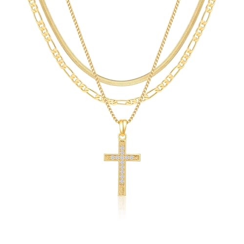 Gold Necklace for Women 14K Gold Plated Layered Cross Bar Necklace Herringbone Figaro Paperclip Flat Chain Cute Charm Accessories Non Tarnish Jewelry Set Gifts for Women - style: R-NK-07-CZ cross-GD