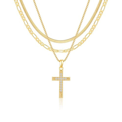 Gold Necklace for Women 14K Gold Plated Layered Cross Bar Necklace Herringbone Figaro Paperclip Flat Chain Cute Charm Accessories Non Tarnish Jewelry Set Gifts for Women - style: R-NK-07-CZ cross-GD