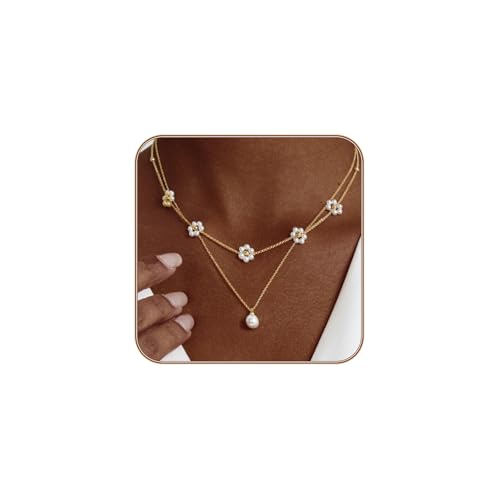 LULII Pearl Necklaces for Women 14K Gold Plated Dainty Layered Single Pearl Necklace Simple Daisy Pearls Choker Cute Gold Necklace Stack Jewelry Sets for Women Trendy Gifts - color: Gold-Layered Daisy Pearl