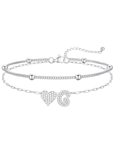 FaithHeart Initial Ankle Bracelets for Women Waterproof, Silver/Black/14k Gold Plated CZ Heart Initial Anklets Non Tarnish Stainless Steel Anklets for Women - color: Silver, size: G