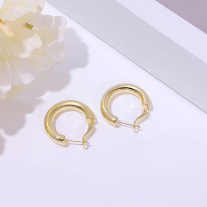sovesi Chunky Hoop Earrings for Women, 14K Gold Plated Thick Hoops | 5mm Thick Hollow Tube Chunky Lightweight Hypoallergenic Hoop Earrings for Women - style: Gold 25MM