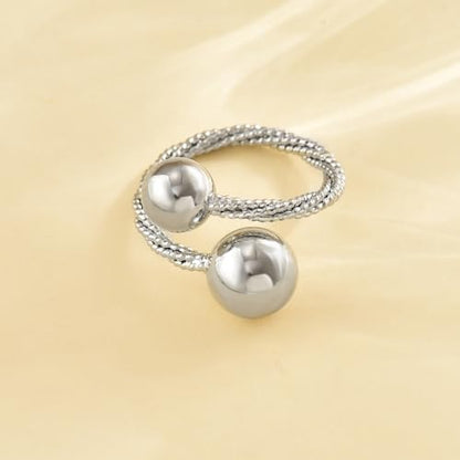 Adjustable Rings for Women 18K Gold Plated daisy Flower Butterfly Ball Cubic Zirconia Rings Dainty Open Stacking Ring - color: Double Ball-White Gold