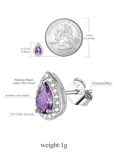FindChic Birthstone Earrings for Women, Round/Heart/Square/Teardrop Earrings with 925 Sterling Silver Posts & Push Backs, Hypoallergenic Studs with Cubic Zirconia, 12 Months Jewelry with Gift Box - style: 06. June-Alexandrite (Teardrop)