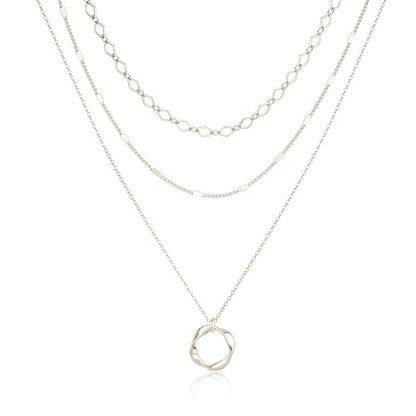 Stackable Silver Plated Layered Choker Necklaces for Women | Stacked Stacking Layering Dainty Silver Plated Necklace, Beach Circle Paperclip Pendant Chain Necklaces Trendy, Jewelry Set - color: 3PCS / Twisted Circle & 2 Chains - Silver