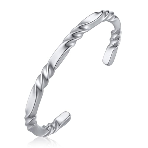 Hisatan Stainless Steel Mens Cuff Bracelet, Minimal Twist Cool Antique Retro/Silver/Black Open Metal Cuff Bangle Bracelets for Men, 65/70mm - color: Silver