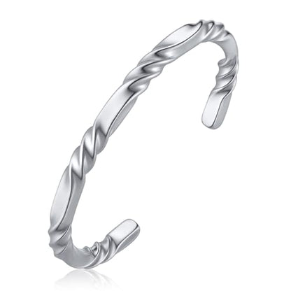 Hisatan Stainless Steel Mens Cuff Bracelet, Minimal Twist Cool Antique Retro/Silver/Black Open Metal Cuff Bangle Bracelets for Men, 65/70mm - color: Silver