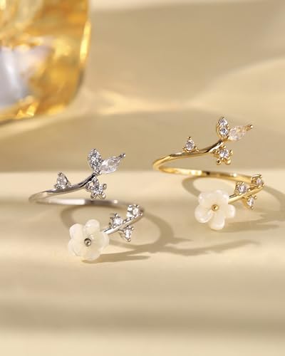 Rings for Women Non Tarnish, 14K Gold Plated Open Pearl Flower Band Adjustable Cubic Zirconia Rings for Women - color: silver