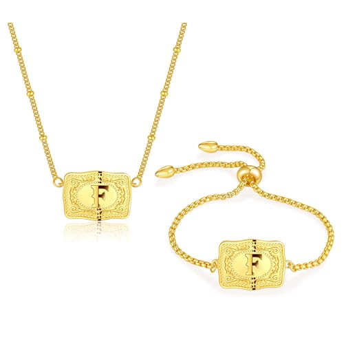 2 Pcs Belt Buckle Initial Necklace Bracelet Jewelry Set for Women, 18K Gold/Silver Plated Belt Buckle Initial A-Z Necklace Bracelet Set Unique Western Style Jewelry Gifts - style: Gold-F