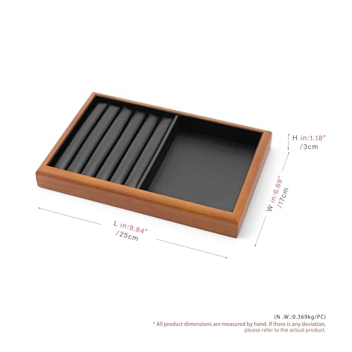 Solid Wood 2-in-1 Stackable Jewelry Display Tray | Solid wood frame & scratch-proof PU lining, 2-in-1 stackable tray for home vanity & retail jewelry display - color: Black, size: Ring/Flat Tray
