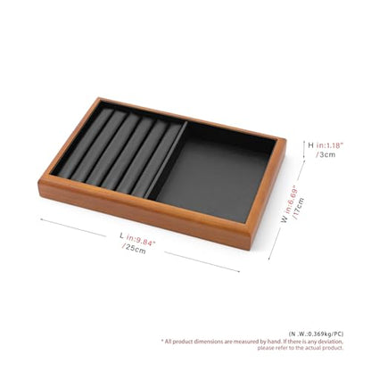 Solid Wood 2-in-1 Stackable Jewelry Display Tray | Solid wood frame & scratch-proof PU lining, 2-in-1 stackable tray for home vanity & retail jewelry display - color: Black, size: Ring/Flat Tray