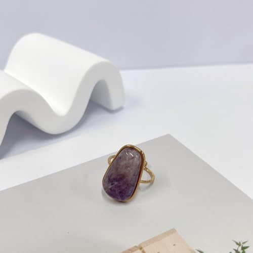 OIDIMS Gemstone Statement Ring for Women Gold-Tone Stainless Steel Natural Stone Rose Quartz Aventurine Turquoise Adjustable Open Band Stacking Finger Rings Boho Cocktail Wedding Party Jewelry - color: Amethyst