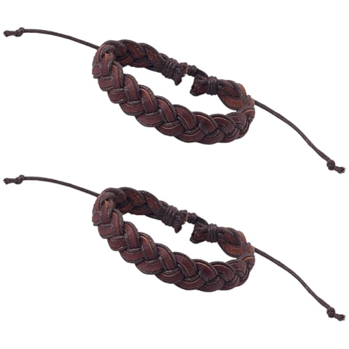 2PCS Braided Genuine Leather Punk Cuff Bracelets Adjustable Rustic Cowhide Wrap Wristband Woven Rope Wrist Band Bracelet for Men Women Daily Wear Costume Party Gift(Dark Brown) - color: Coconut Brown