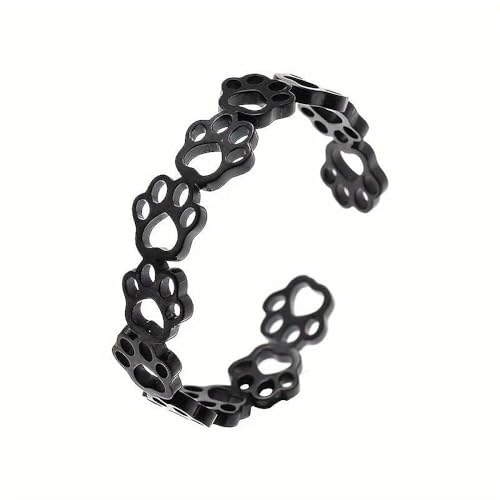 Fashionable and Cute Hollow Cat Claw Footprint Stainless Steel Open Ring Female Creative Couple Ring Animal Jewelry - color: black