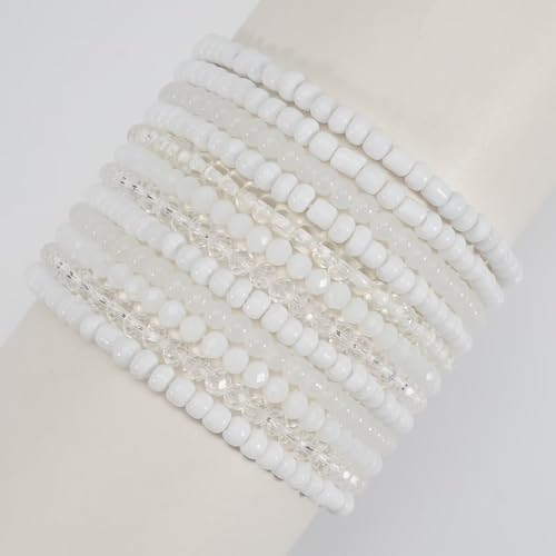 Bohemian Multilayer Beaded Stackable Stretch Bracelets for Women Colorful Crystal Glass Resin Seed Beads Elastic Wristbands BFF Friendship Summer Beach Hawaii Jewelry - color: White