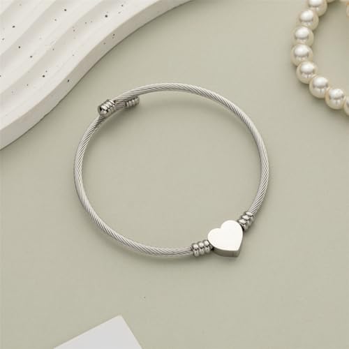 kelistom 316L Stainless Steel Love Heart Charm Bracelet for Women Romantic Gift Silver/Rose/18k Gold Plated OT Clasp Bracelets - color: heart cuff-silver