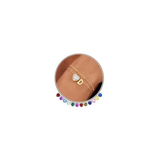 14K Gold Plated Heart Initial Birthstone Gold Bracelets for Women | Dainty Heart Letter A-Z Charm Layered Bracelets Birthday Trendy Jewelry Gifts for Women - color: D
